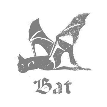 Bat, illustration of wildlife, zoo, symbol of Halloween, horror at night.  Vector grunge fashion design print for summer t shirt with bat in gray. Vector illustration 
EPS10.
