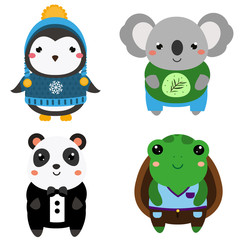 Cute exotic animals. Cartoon kawaii wildlife animals set