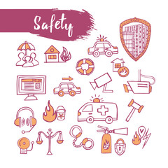 Outline sketched icons set safety theme. Line art. Pencil drawing. Vector illustration.