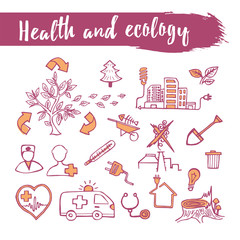 Outline sketched icons set health and ecology theme. Line art. Pencil drawing. Vector illustration.