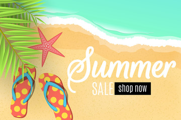 Advertising web banner for the summer sale. Flip flops on the beach. Leaves of a palm tree. Special offer. Seasonal discounts. Starfish. Top view. Cartoon flat style. Vector illustration. EPS 10