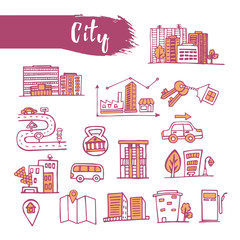 Outline sketched icons set urban theme. Line art city. Pencil drawing. Vector illustration.
