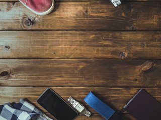 men fashion hipster casual clothes and accessories on a wooden backgroud with copy space