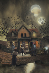 Old house, a girl in steampunk clothes, a girl standing in the water. Guards with rifles, in...