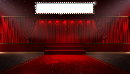 3d rendering of Background with a red curtain and a spotlight. Festival night show poster. Open red...