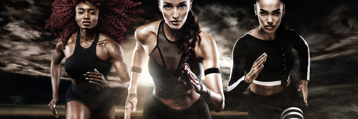 A strong athletic, women sprinter, running on dark background wearing in the sportswear, fitness...