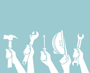 concept of repair and construction works, technical service with flat hand holding up tools