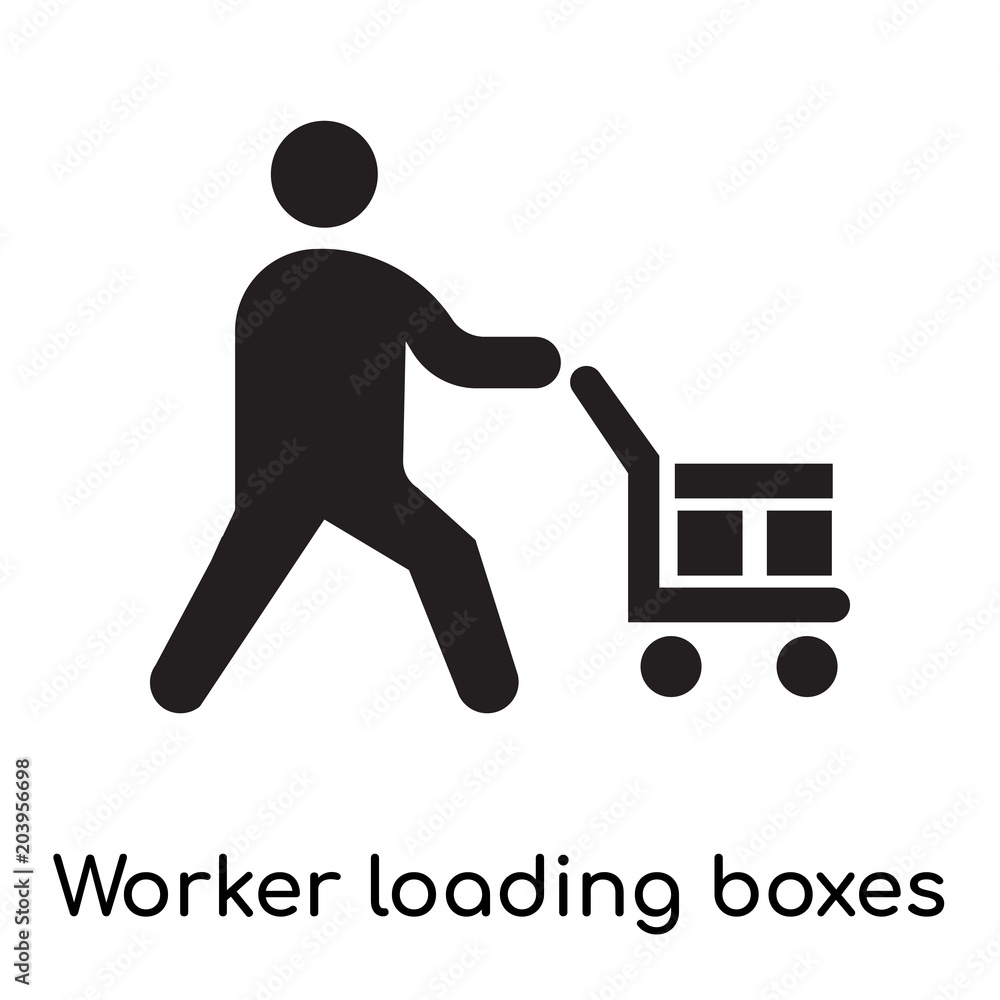 Poster worker loading boxes icon isolated on white background
