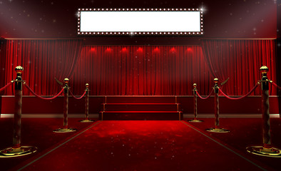 3d rendering of Background with a red curtain and a spotlight. Festival night show poster. Open red...