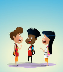 Three multiracial kids discuss something.
