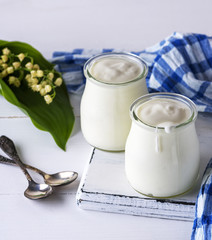 glass jars with homemade yogurt