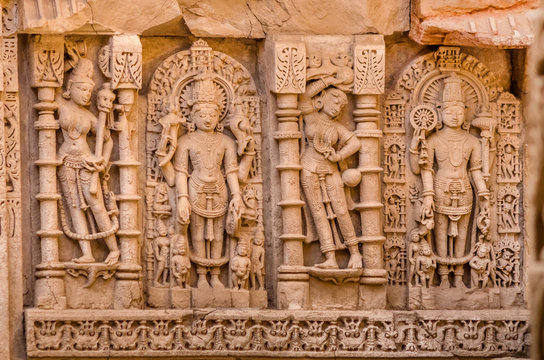 Sculptures of god and goddesses at Rani ki vav in Patan, Gujarat