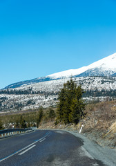 Road near the mountains. Asphalt road with trees near, winter mountain in background. Blue sky.