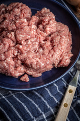 Minced meat on wooden background.
