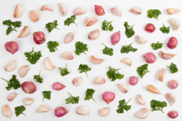 Fresh Garlic and onion Ingredient flay lay on white background, isolated object