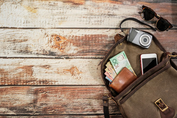 Traveler items vacation travel accessories holiday long weekend day off travelling stuff background concept style Overhead flat choice guide idea for planning travel around the world