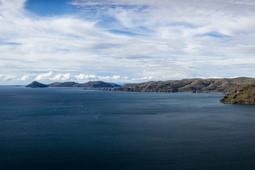View of Lake Titicaca looking north towards Isla del Sol from Cerro Calvario, Copacabana, Bolivia