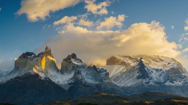 View of Torres Mountains in the Torres del Paine National Park during sunrise. Autumn in Patagonia, the Chilean side