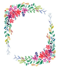  Watercolor oval frame with field flowers and gently green twigs on a white background.
