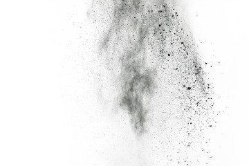 black powder explosion on white background. Colored cloud. Colorful dust explode. Paint Holi.