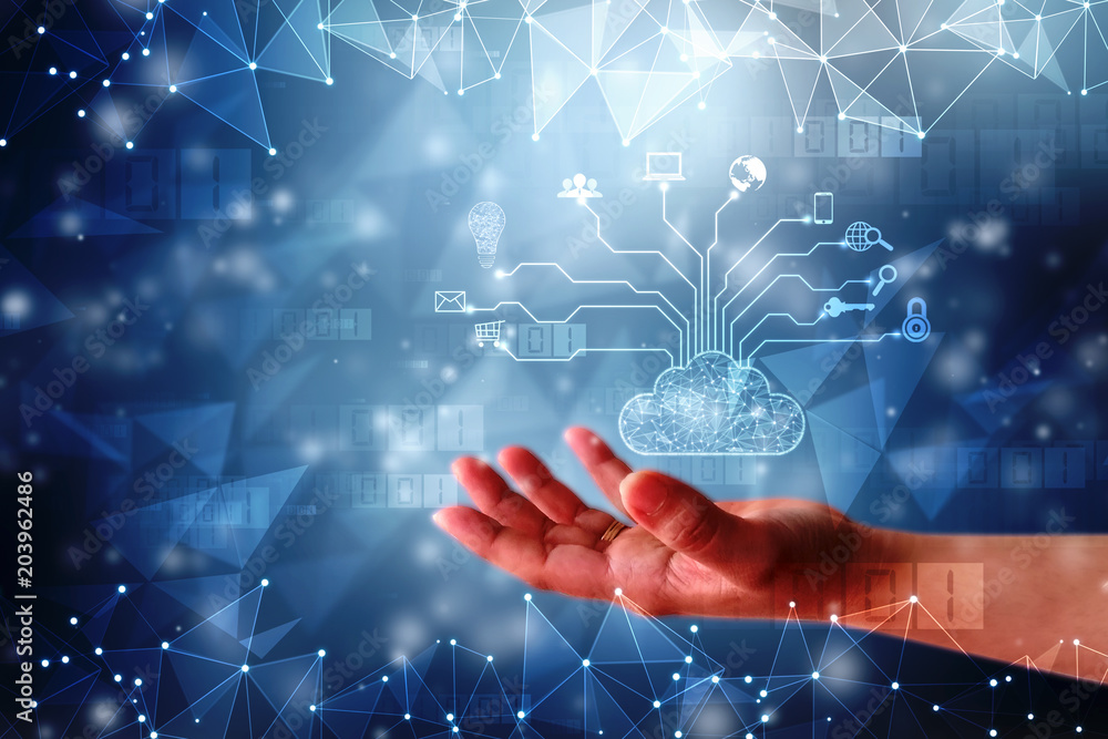 Poster business man showing cloud technology concept, 2d rendering cloud computing, cloud computing concept