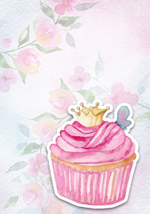 Watercolor party invitation card with crown, cream and buttefly. Hand drawing, greeting decorative celebration illustration.