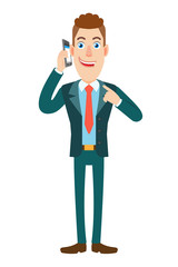 Businessman pointing his finger at the mobile phone that he talks