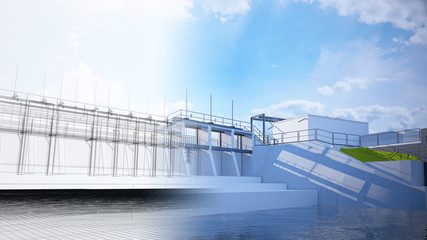 Barrage, réservoir, centrale hydroélectrique, illustration 3d, BIM