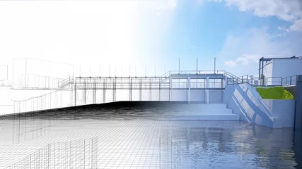 Photo sur Plexiglas Barrage Barrage, réservoir, centrale hydroélectrique, illustration 3d, BIM