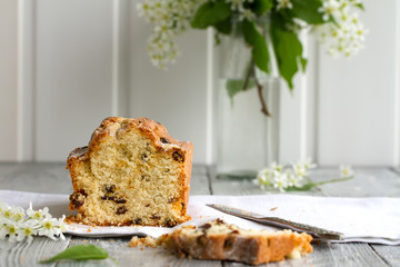 Homemade tasty cut cake with raisins