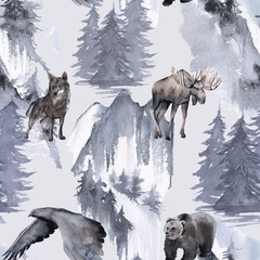 Background with an eagle, a bear, an elk and a wolf. Seamless pattern. 