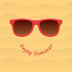 Red sunglasses on sand background. Summer concept. Vector illustration