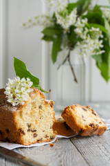 Homemade tasty cut cake with raisins and cherry flowers on a grey wooden table