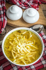 Broth - chicken soup in a bowl.
