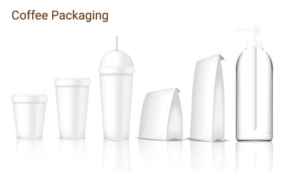 Mock up Realistic Coffee Packaging With Glass, Cup, Bag and Bottle Set on White Background Illustration 