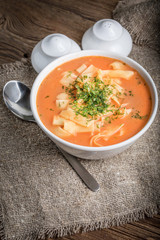 Fresh tomato soup with rice.