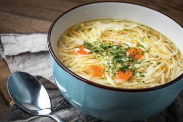 Broth - chicken soup in a bowl.