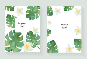 Watercolor vector hand painted green tropical floral card.