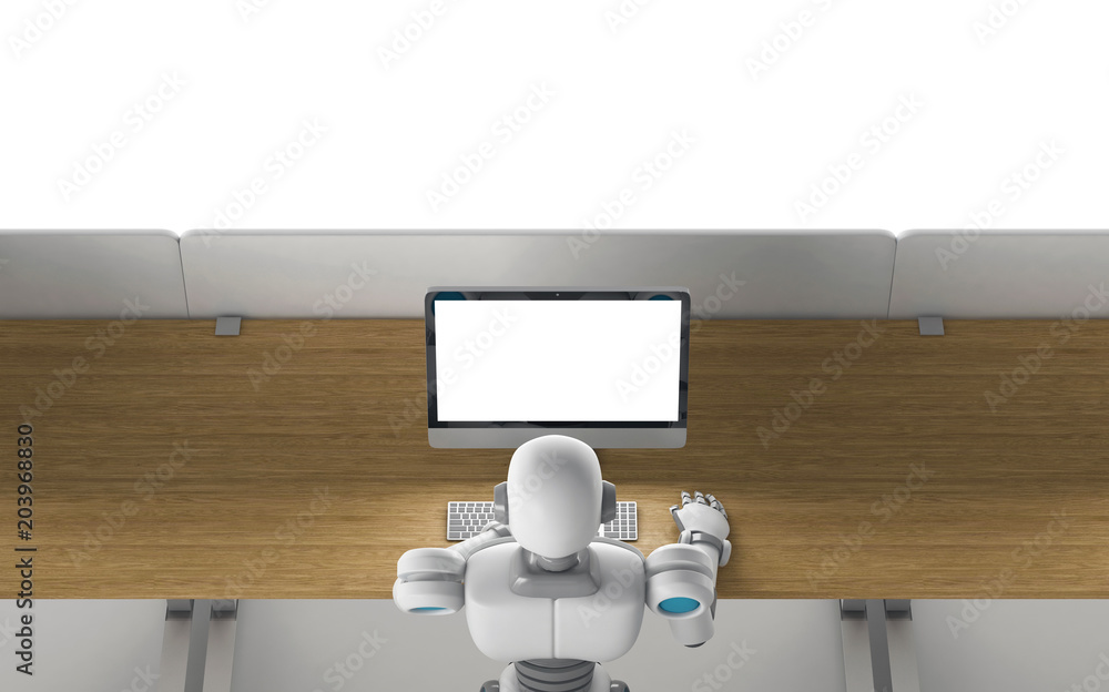 Poster robot using a computer with blank screen, mock up, top view. artificial intelligence in futuristic t