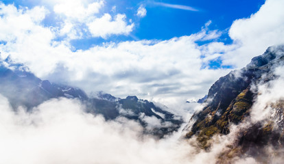 Foggy and cloudy mountain landscape in the Altiplano of Bolivia