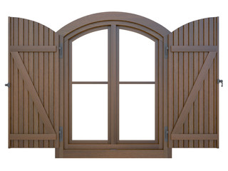 open wood window with frame details in steel isolated on a white background 3d rendering