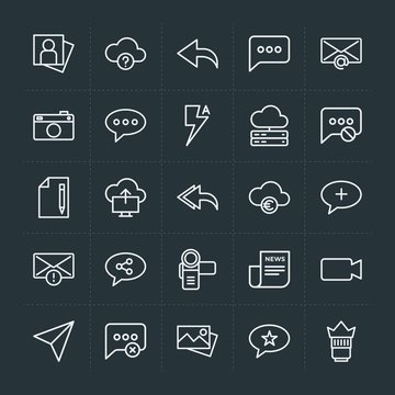 Modern Simple Set of cloud and networking, chat and messenger, video, photos, email Vector outline Icons. Contains such Icons as cloud, mail and more on dark background. Fully Editable. Pixel Perfect.