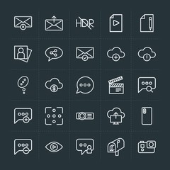 Modern Simple Set of cloud and networking, chat and messenger, video, photos, email Vector outline Icons. Contains such Icons as  send, hdr and more on dark background. Fully Editable. Pixel Perfect.