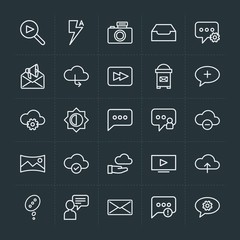 Modern Simple Set of cloud and networking, chat and messenger, video, photos, email Vector outline Icons. Contains such Icons as  transfer and more on dark background. Fully Editable. Pixel Perfect.