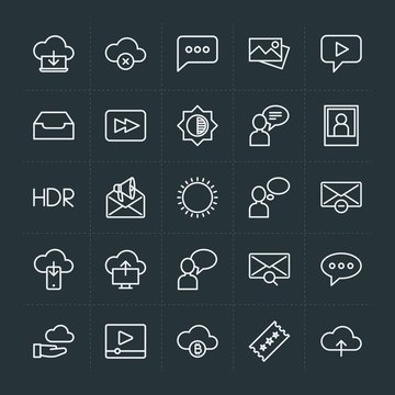 Modern Simple Set of cloud and networking, chat and messenger, video, photos, email Vector outline Icons. Contains such Icons as  message and more on dark background. Fully Editable. Pixel Perfect.