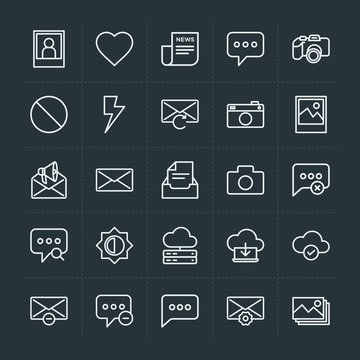 Modern Simple Set of cloud and networking, chat and messenger, video, photos, email Vector outline Icons. Contains such Icons as  camera and more on dark background. Fully Editable. Pixel Perfect.