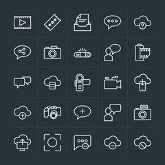 Modern Simple Set of cloud and networking, chat and messenger, video, photos, email Vector outline Icons. Contains such Icons as database and more on dark background. Fully Editable. Pixel Perfect.