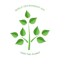 Green paper tree branch. Paper cutout green leaves. World Environment Day, June 5. Eco friendly symbol. Ecology, environment, nature protection concept. Save the planet. Vector illustration