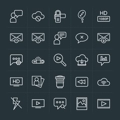 Modern Simple Set of cloud and networking, chat and messenger, video, photos, email Vector outline Icons. Contains such Icons as arrow,  sms and more on dark background. Fully Editable. Pixel Perfect.
