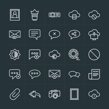 Modern Simple Set of cloud and networking, chat and messenger, video, photos, email Vector outline Icons. Contains such Icons as  magazine and more on dark background. Fully Editable. Pixel Perfect.